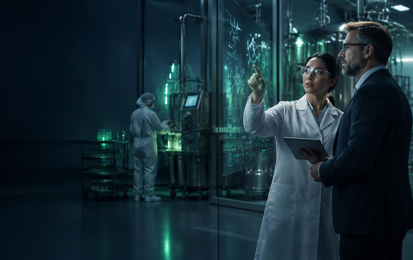Pharmaceutical scientist and strategy leader in a modern laboratory